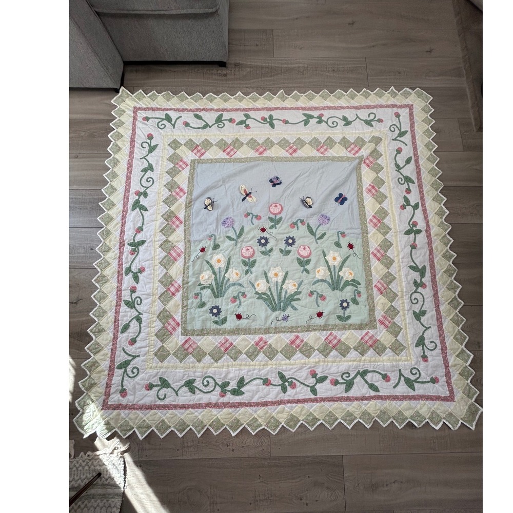 Vintage Handmade Quilt Cottagecore Floral Ladybug Butterfly Quilt 79x79